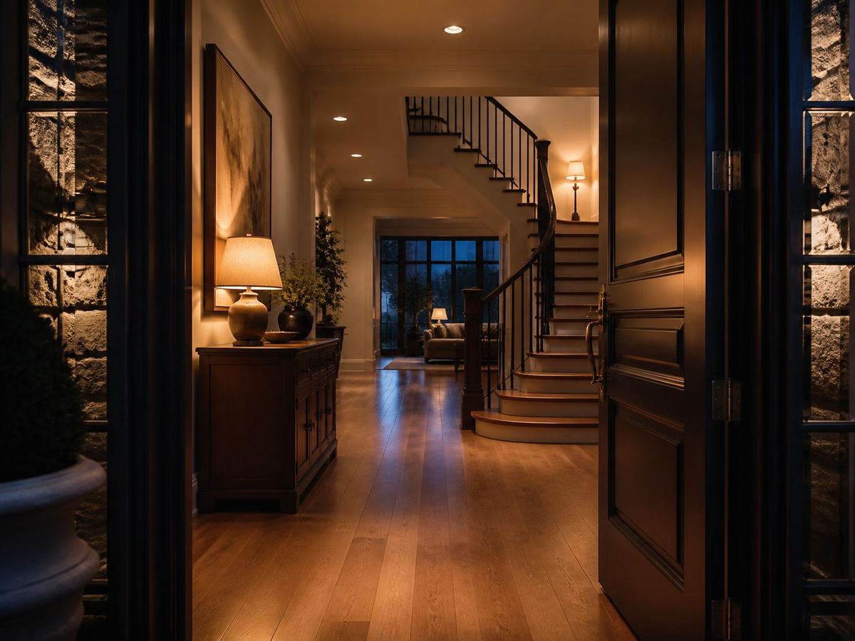 Entry hall of a Dallas–Fort Worth luxury residence, warm lamplight on oak floors