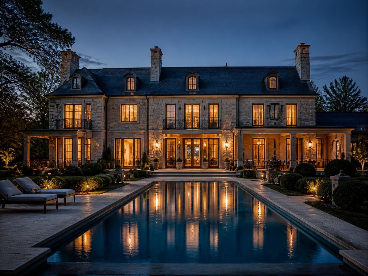 Rear elevation and terrace of a Dallas–Fort Worth estate at blue hour